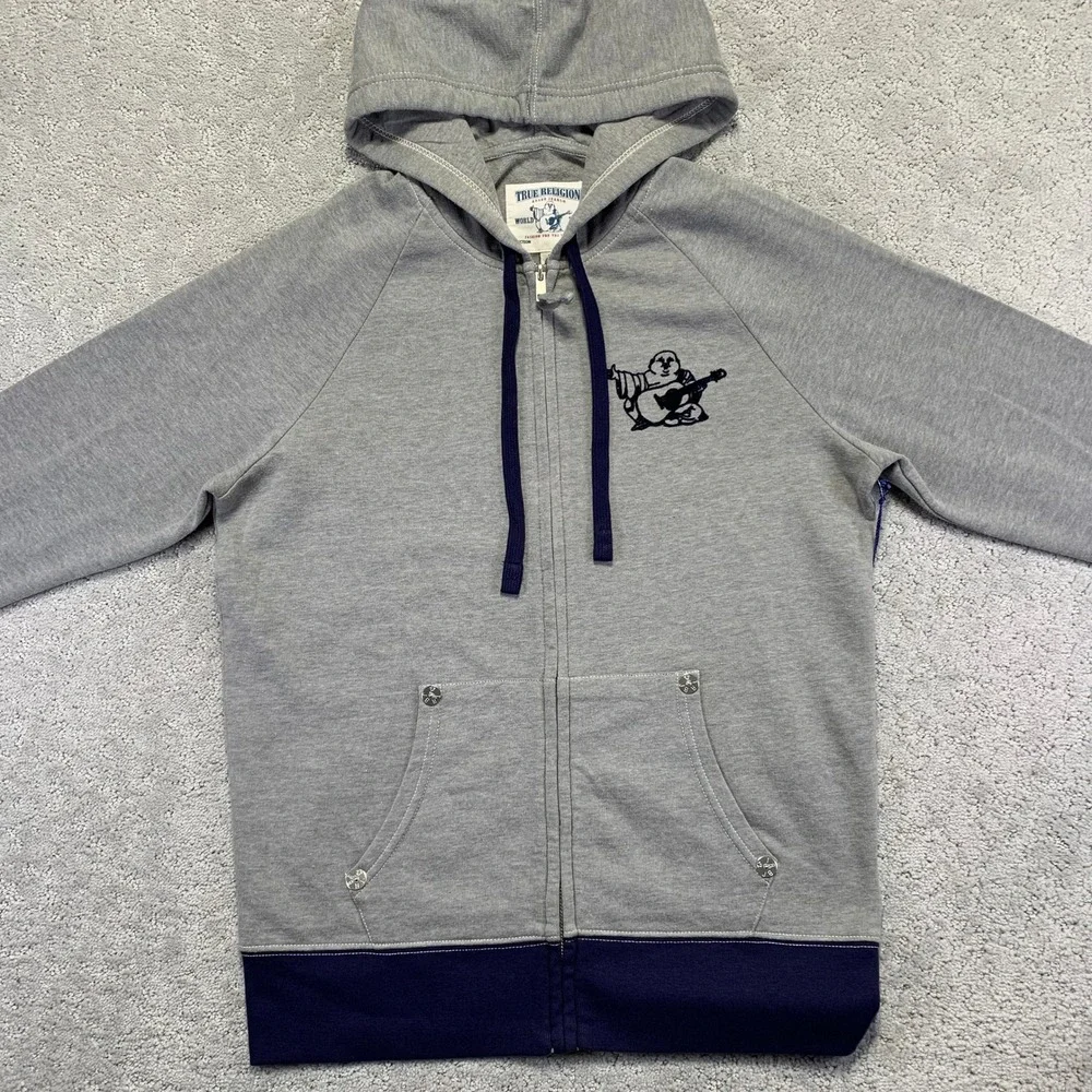 True Religion Hoodie Size Small Gray Navy Zip Up Sweatshirt‎  Buddha Brand NWT